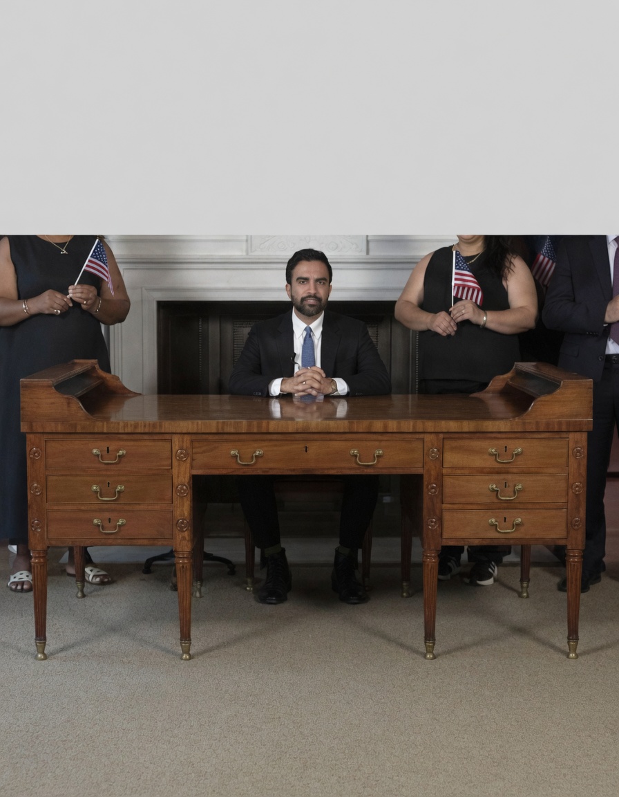 New York City Mayor Zohran Mamdani seated behind George Washington’s historic desk at City Hall on July 3, 2026, during the America 250 address, with newly naturalized citizens holding U.S. flags standing behind him.