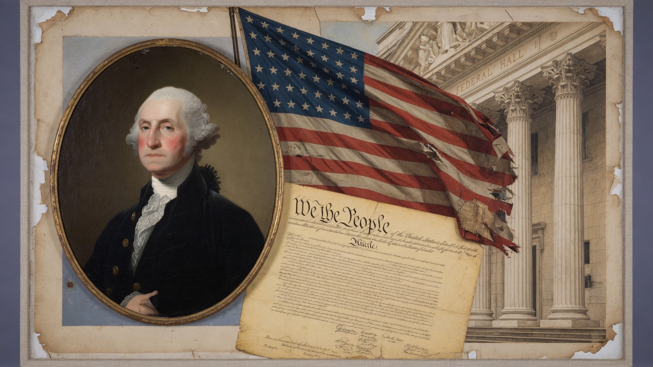 American heritage motifs: Washington, flag, Constitution, classical columns.