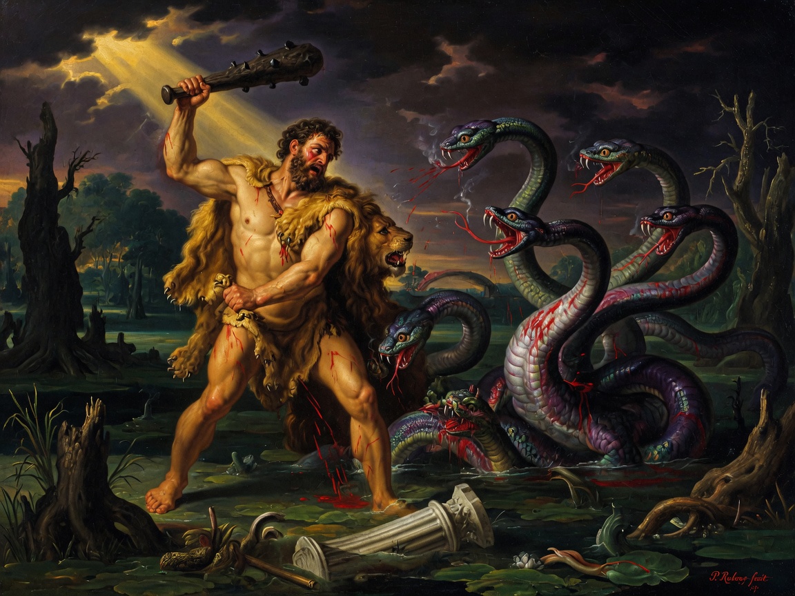 Dramatic classical-style depiction of Hercules battling the multi-headed Hydra.